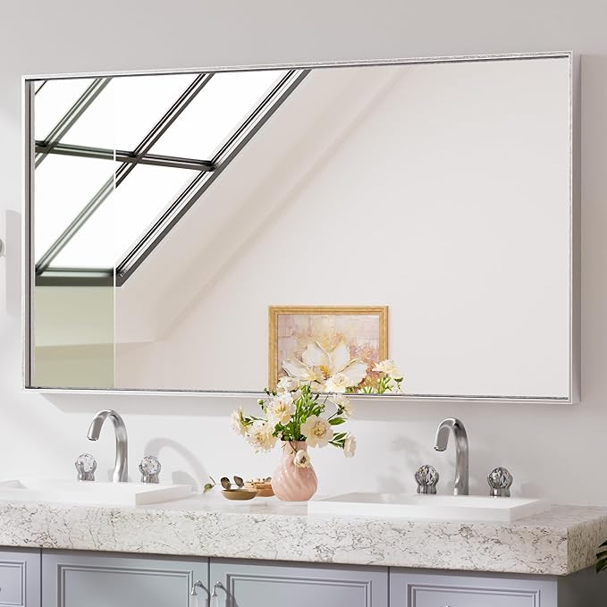 Keonjinn 55 x 30 in Brushed Silver Bathroom Vanity Mirror, Large Silver Framed Mirror for Over Sink, Metal Framed, Rectangle Square Corner, Modern Farmhouse Decorative(Horizontal/Vertical)