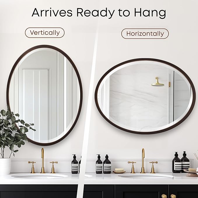 OVALCREST - Oval Wooden Beveled Wall Mirror for Home Decor, Bathroom, Vanity, Bedroom, Living Room, Hallway - London Style (Rubbed Bronze) 19.1 x 25.1