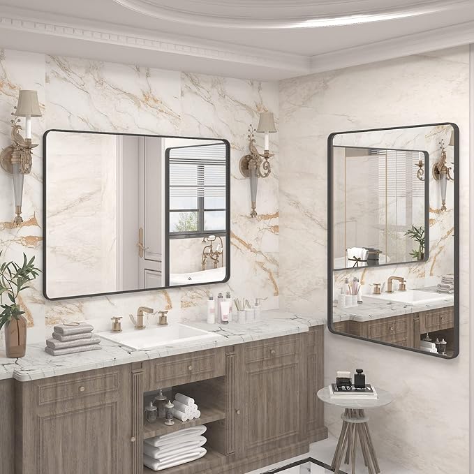 48x36 Matte Black Bathroom Mirror, Modern Rectangle Metal Framed Mirrors for Wall, Rounded Corners, Shatter-Proof (Horizontal/Vertical)