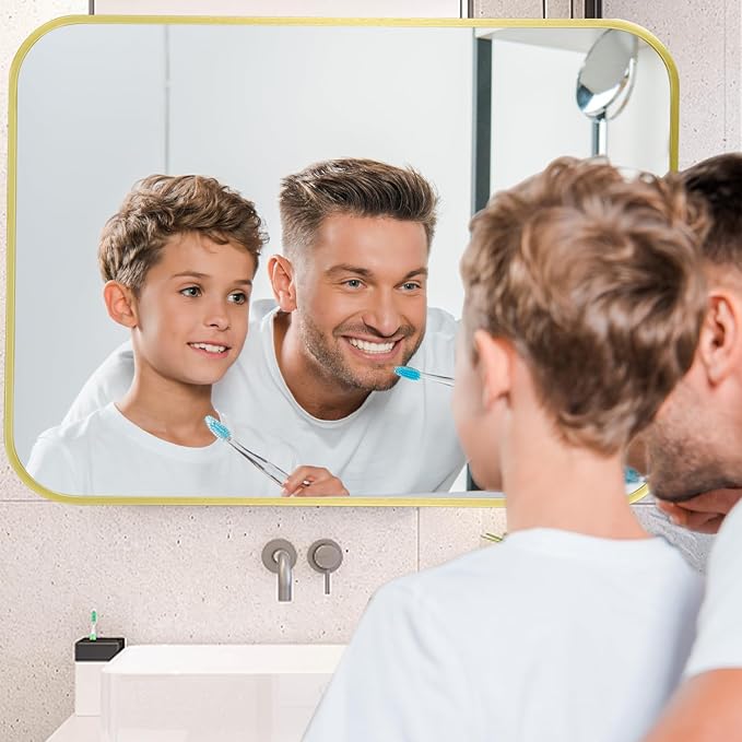 22x30 Inch Gold Mirror, Framed Rectangle Mirror with Rounded Corner, Brushed Brass Mirror, Gold Bathroom Mirror for Over Sink, Vanity, Living Room, Bedroom, Horizontal/Vertical