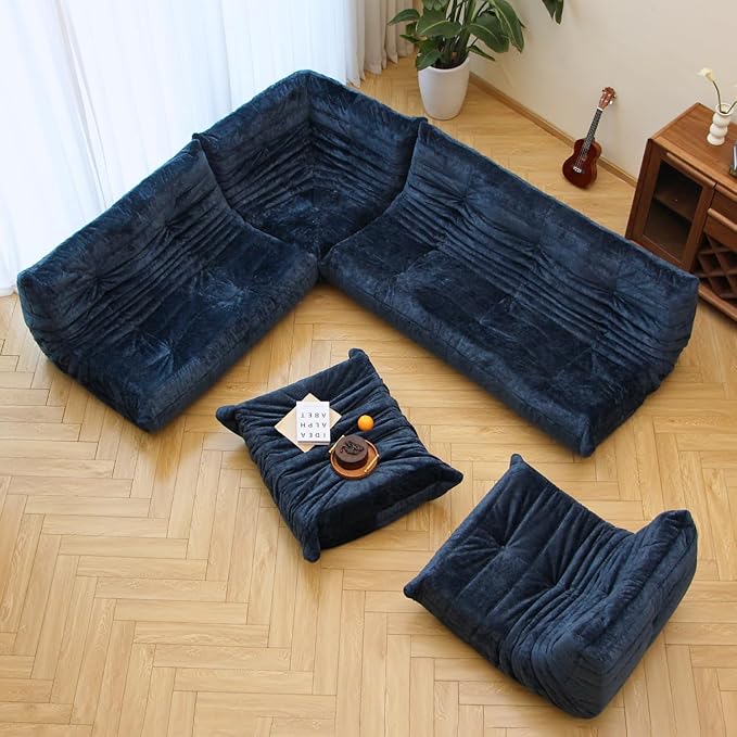 N&V Fireside Chair, Mid Century Armless Floor Sofa, Soft Premium Chenille Floor Lounge Chair, Foam Sofa Accent Chair for Living Room Bedroom and Office (Blue, Three Seater)