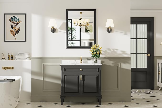 28x32 Inch Black Bathroom Mirror for Wall, Thick Metal Framed Rectangle Mirrors for Over Sink, Bedroom, Living Room, Entryway, Anti-Rust, HD Tempered Glass