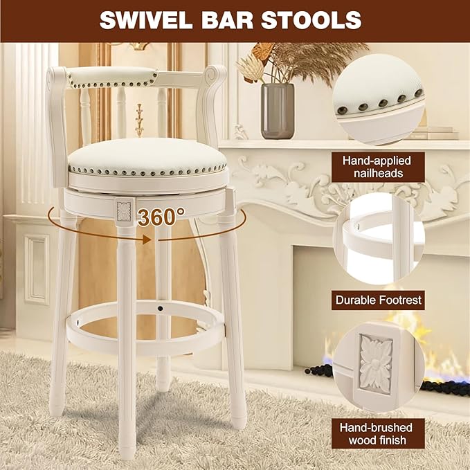 CozyRain Bar Stools Modern Swivel Barstools, Kitchen Counter Genuine Leather Upholstered Bar Stool Island Barstool with Footrest for Home Kitchen Dining Room (White, Seat Height 29.5 in)