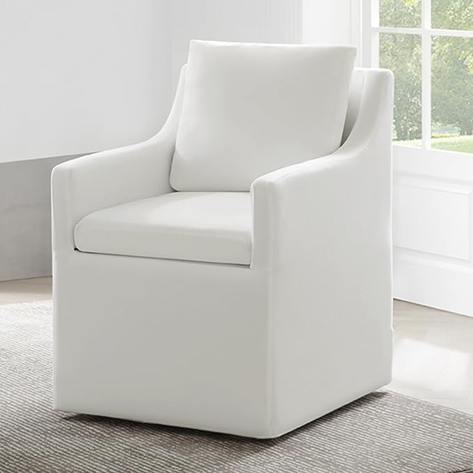 Upholstered Dining Chairs with Casters Washable Cover Side Deskchair with Rollers for Diningroom, Living Room, Cream, 1 Box