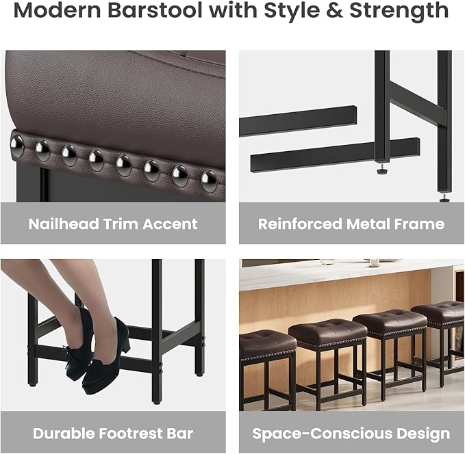 MALOL Set of 4 Saddle Bar Stools Counter Height 24.4”, Backless Barstools for Kitchen Island, Modern PU Leather Cushioned Seat, Bar Chairs for Kitchen Counter, Breakfast Bar Stools for Home,Brown