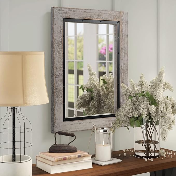 YOSHOOT Rustic Wooden Framed Wall Mirror, Natural Wood and Iron Bathroom Vanity Mirror for Farmhouse Decor, Vertical or Horizontal Hanging, 60" x 30", Grey
