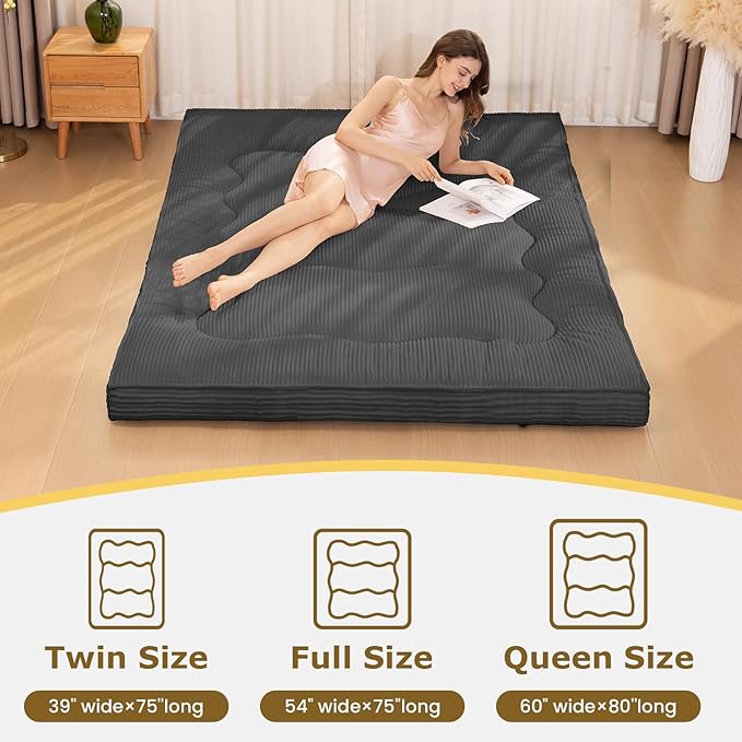 Japanese Floor Mattress, 4" Thicken Futon Mattress Twin Size Sleeping Pad, Corduroy Foldable Floor Pad, Roll Up Tatami Mat for Adults Guest Room Bedroom, Grey