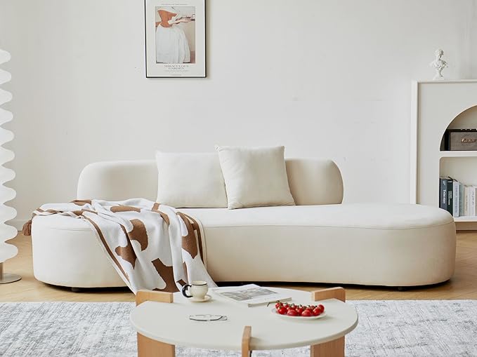 Container Furniture Direct 90" Curved Sofa with Throw Pillows, 4 Seater Luxury Velvet Couch with Half Moon Design and High-Density Foam, Ideal for Modern Living Room, Office & Apartment, Ivory