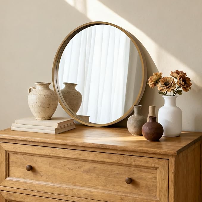 HOMECOOKIN Round Wood Mirror 24 inch Circle Wall Mirror for Bathroom, Vanity, Entryway, Living Room Decor, Natural Wood Accent Mirror