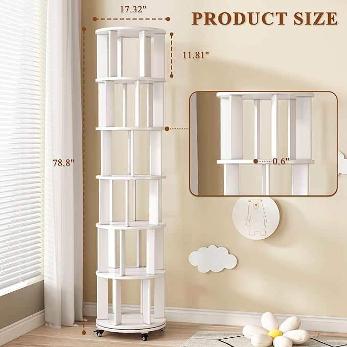 6 Tier Rotating Bookshelf Tower Spinning Bookshelf with Swivel Wheels Book Shelf Rotating Storage Tower for Kids Adult Narrow Walnut Solid Wood Revolving Bookcase Organizer for Bedroom Living Room
