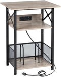 AMHANCIBLE Record Player Stand with Charging Station, Large Turntable with Storage Cabinet holds up to 100 Albums, 3 Tier End Table for Vinyl, Living Room, Grey, HETCD012GY-1