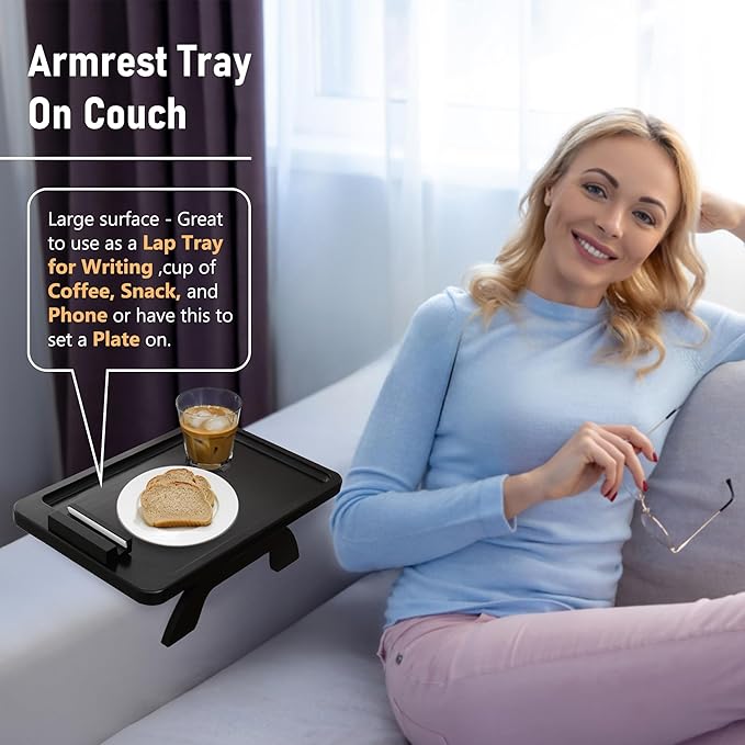 SINWANT Couch Arm Table, Bamboo Clip On Side Table Tray,Foldable Sofa Arm Tray with 360° Phone Holder for Eating Drinking Snacks Remote on Chair Armrest