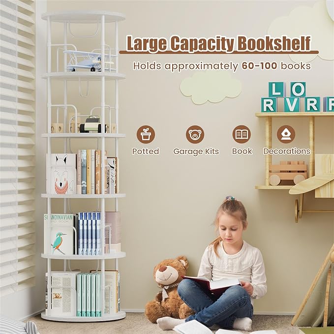 5 Tier Rotating Bookshelf, 360 ° Display Stackable Spinning Bookshelf Tower, Corner Bookshelf Tall Floor Standing Swivel Bookcase Narrow Storage Organizer for Bedroom, Living Room, White