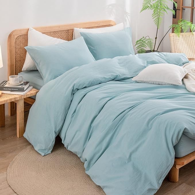 BESTOUCH Duvet Cover Set 100% Washed Cotton Linen Feel Super Soft Comfortable Chic Lightweight 3 PCs Home Bedding Set Solid Hushed Green Queen