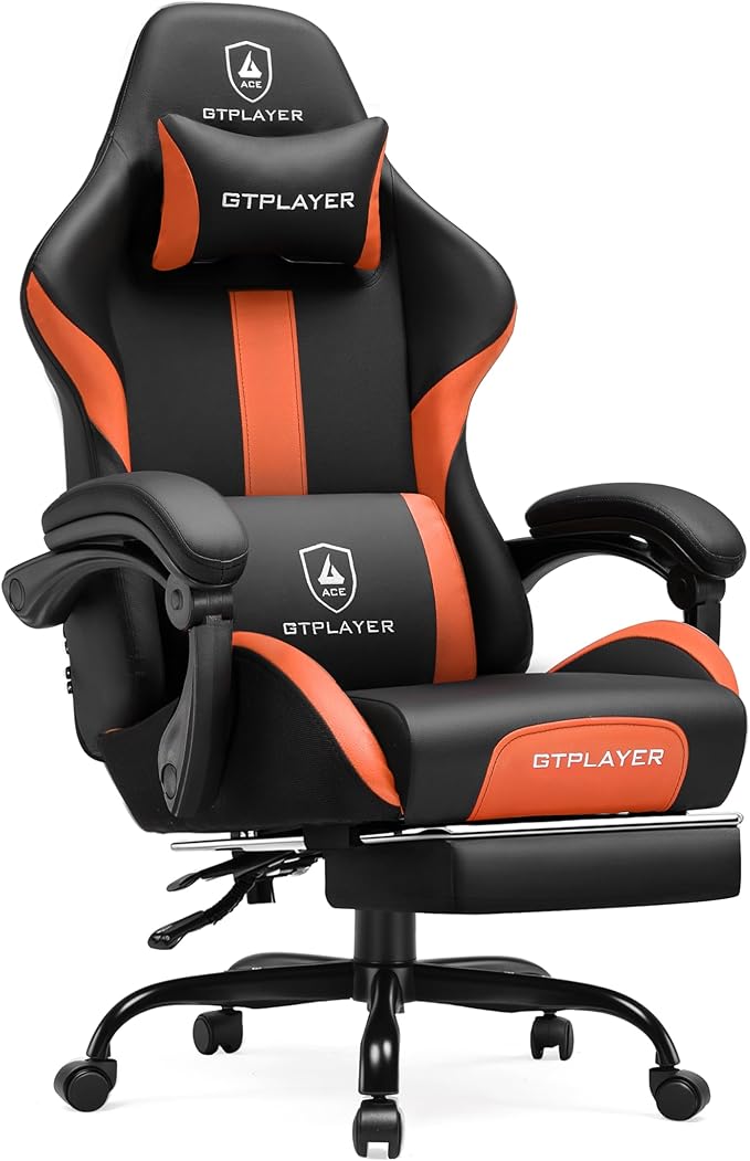 GTRACING Gaming Chair with Foot Rest & Pocket Spring Cushion, Ergonomic High Back Computer Chair with Headrest & 360°-Swivel Seat for Home Office Desk, PU Leather, Orange