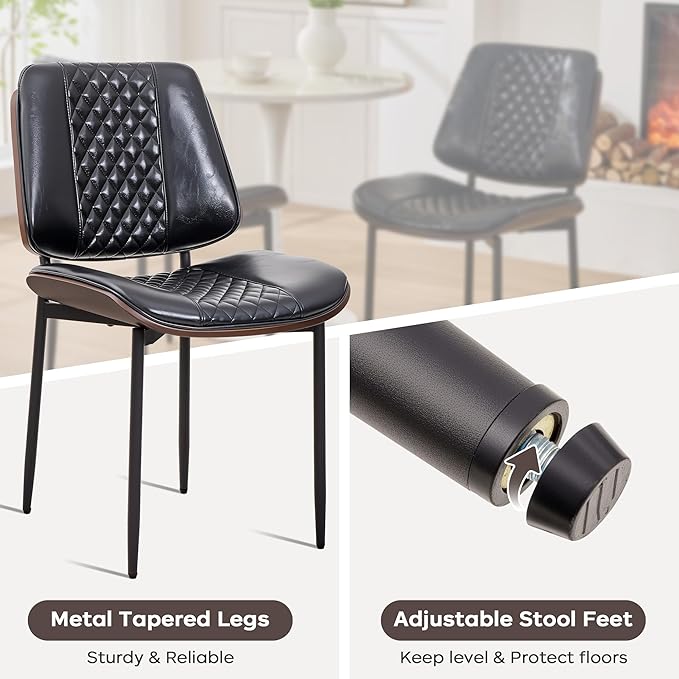 Dining Chairs Set of 2, Upholstered PU Leather Armless Chair, Mid Century Modern Dining Room Chairs, Retro Walnut Bentwood Kitchen Chair with Metal Legs and Adjustable Feet, Black