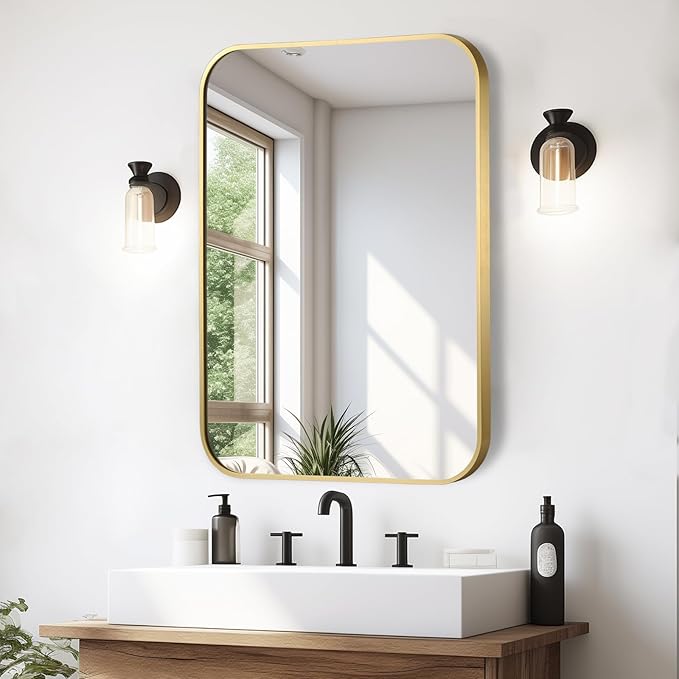 Brushed Gold Mirror, 24"x32" Rectangle Bathroom Mirror, Metal Frame Rectangle Corner Vanity Mirror, Wall Mounted Mirror for Modern, Living Room, Bedroom, Horizontal Or Vertical