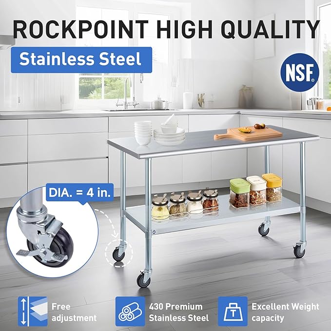 ROCKPOINT Stainless Steel Table for Prep & Work with Caster Wheels 14x72 Inches, NSF Metal Commercial Kitchen Heavy Duty Table with Adjustable Under Shelf and Table Foot for Restaurant, Home and Hotel