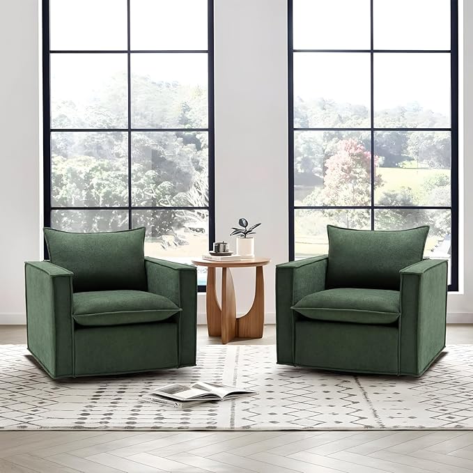 COLAMY Swivel Accent Chair Set of 2, 34 Inches Wide Upholstered Arm Chair with Plump Back Pillow, Modern Sofa Living Room Chair for Bedroom, Corner, Reading Nook-Green