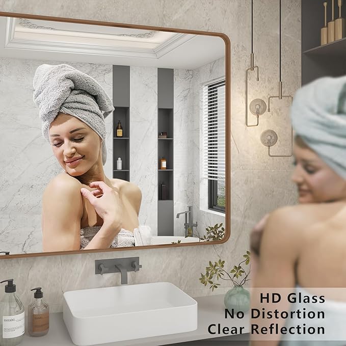 16x24 Gold Bathroom Mirror, Rounded Rectangle Gold Framed Mirror, Brushed Gold Brass Bathroom Vanity Mirror, Anti-Rust, Hangs Horizontally or Vertically