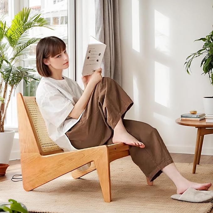 Rattan Accent Chair for Living Room, Mid Century Side Chair, Comfy Bamboo Chairs for Bedroom Reading Room, Wood