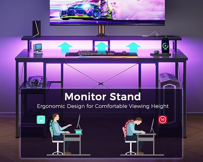 ODK 48 Inches Gaming Desk with LED Lights, Computer Desk with Monitor Stand, Pc Table with CPU Stand, Deep Black