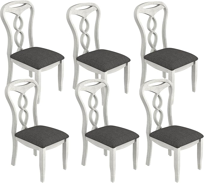 Solid Wood Dining Chair Set of 6, Kitchen Dining Room Chair with Upholstered Cushion & Wooden Legs, Modern Wood Side Chairs for for Kitchen, Washed Gray