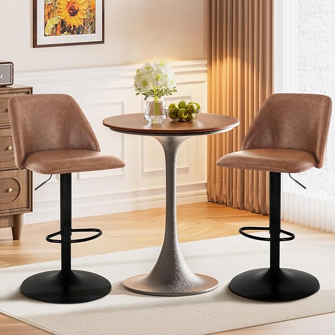 COLAMY Bar Stools Set of 2, Modern Swivel Bar Chairs, Adjustable PU Leather Upholstered Barstools Counter Height with Full Backrest for Bar, Dining Room, Kitchen Island, Brown