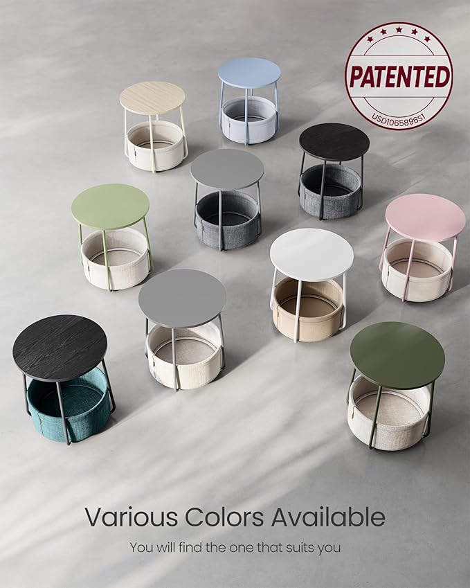 VASAGLE Small Round Side End Table, Modern Nightstand with Fabric Basket, Ebony Black and Slate Gray ULET223B01