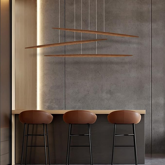 71" Wood Linear Pendant Light Wood Linear Dinning Room Light Island Lights LED Dimmable Chandelier 40w for Dining Room Billiard & Pool Table Walnut Color