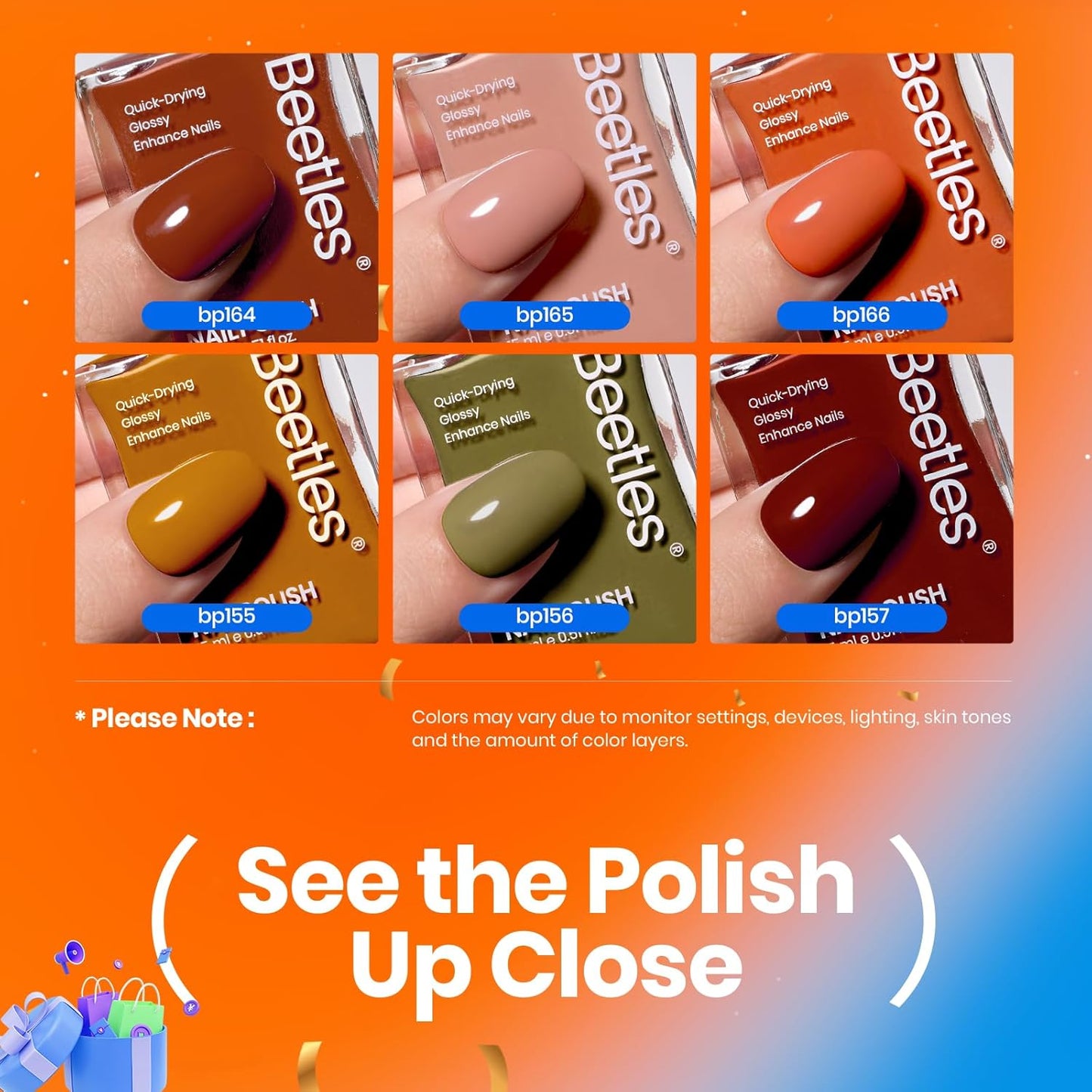 Beetles Fall Nail Polish Set P180, 6 Color Red Yellow Green Quick Air Dry Nail Polish, Natural Nail Lacquer Manicure DIY Nail Art Salon Gift For Women