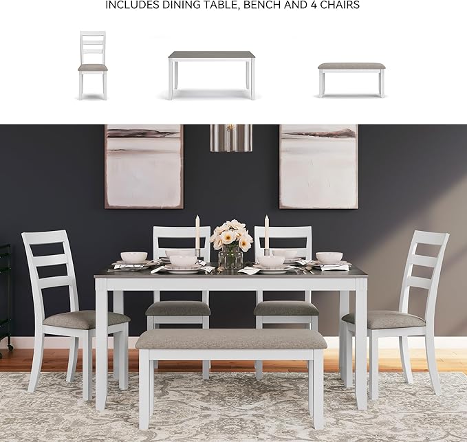 Signature Design by Ashley Stonehollow Modern Farmhouse Dining Table with Upholstered Chairs and Bench, Set of 6, White & Gray
