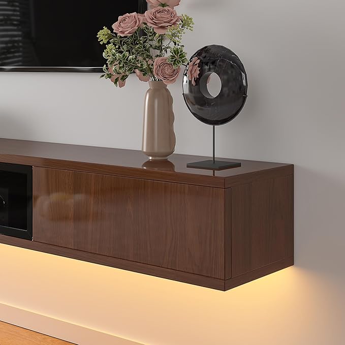 High Gloss Floating TV Stand,94'' Wall Mounted TV Console,Under TV Floating Shelf,Floating TV Cabinet with 3 Doors for Bedroom Living Room(Walnut)