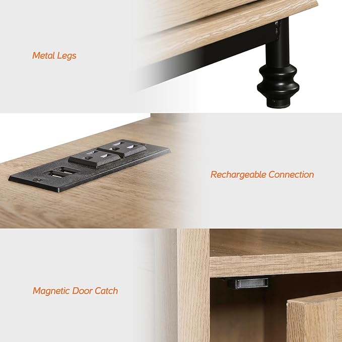 WAMPAT Oak End Table with Charging Station, Sofa Side Table with Storage Cabinet for Living Room, Light Wood Bedside Table with Metal Leg, Farmhouse Nightstand for Bedroom