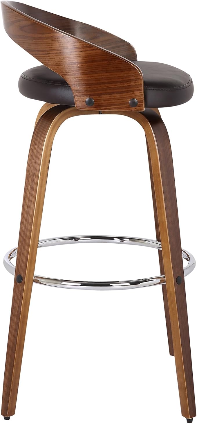 Armen Living Sonia 26" Seat Height Mid Century Modern Swivel Bar Stool for Kitchen Island Counter in Brown Faux Leather and Walnut Wood