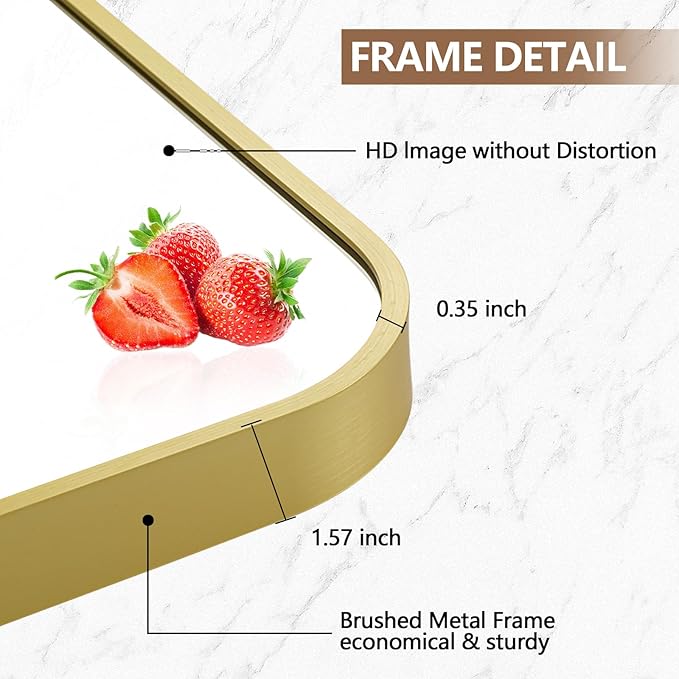 40x30 Inch Gold Mirror, Framed Rectangle Mirror with Rounded Corner, Brushed Brass Mirror, Gold Bathroom Mirror for Over Sink, Vanity, Living Room, Bedroom, Horizontal/Vertical