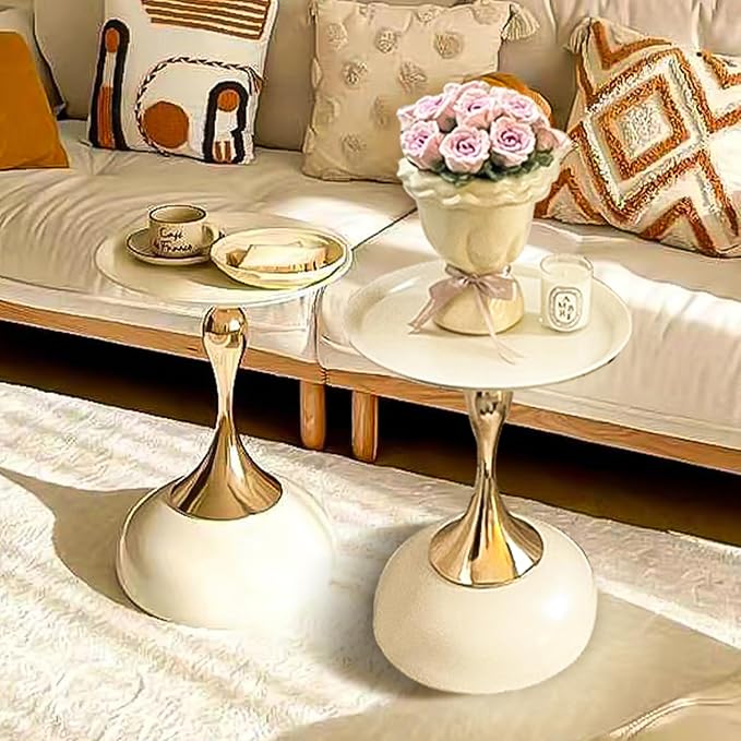 Modern Round Side Table with Gold Pedestal Base, Black Metal Top, Accent End Table for Living Room (Cream White+Cream White)