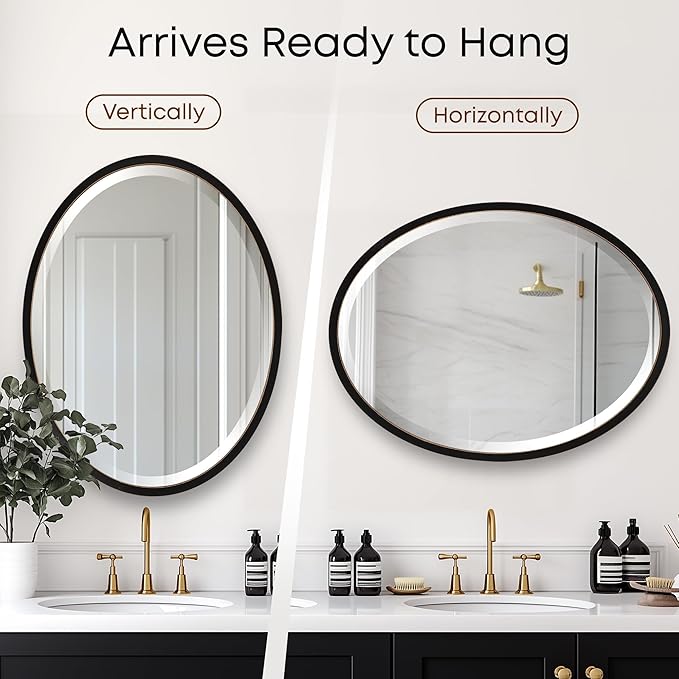 OVALCREST - Oval Wooden Beveled Wall Mirror for Home Decor, Bathroom, Vanity, Bedroom, Living Room, Hallway - London Style (Rubbed Black) 23.1 x 29.1