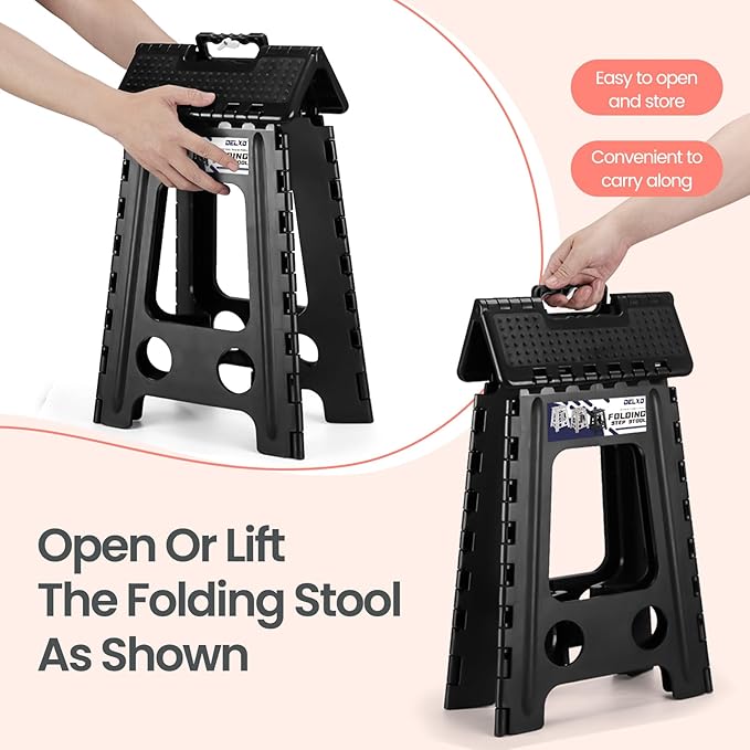 Delxo Folding Step Stool 17.5 Inch Non-Slip Foldable Stools Up to 300 LBS Kitchen Collapsible Fold Up Stepping Stool with Dotted 1 Pack Black