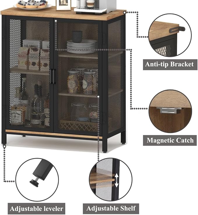 BON AUGURE Coffee Bar Cabinet with Storage for Home Kitchen, Rustic Liquor Cabinet for Entryway, Small Industrial Buffet Sideboard Cabinets for Dining Room (Vintage Oak)