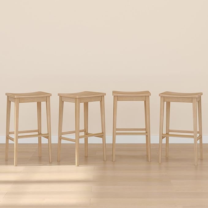 Plank+Beam Smythe Bar Stool, 30", Set of 4, Sturdy Wood Modern Kitchen Bar Height Stool, Saddle Seat Backless Bar Chair, Metal Footrest, Blonde
