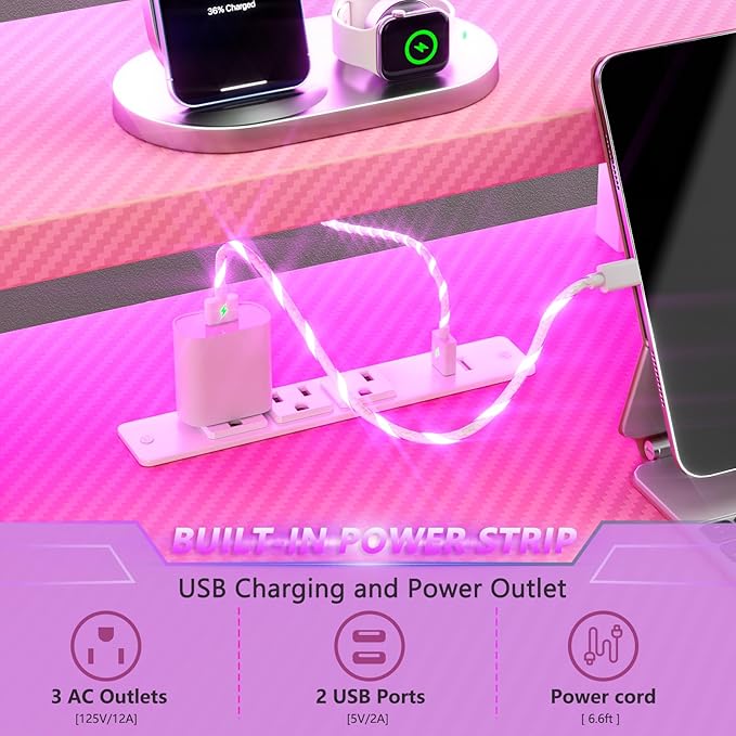 55 Inch Pink Gaming Desk with Power Outlet & LED Lights, Corner Computer Desk with 3 Tiers Storage Shelves, L Shaped Gaming Desk with Monitor Stand for Bedroom
