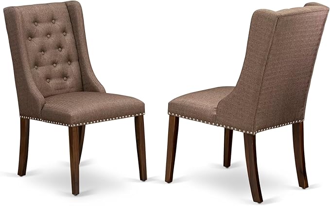 NKFO9-AWA-18-9-Piece Kitchen Set Consists of a Dinner Table and 8 Brown Linen Fabric Kitchen Chairs with Button Tufted Chair Back - Antique Walnut Finish.