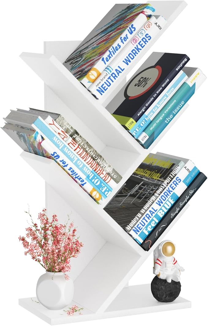 5 Tier Tree Book Shelf, Small Desktop Bookshelf with Storage Organizer, Wood Bookcase, Desk Display Bookshelves, Floor Standing Organizer Bookcases for Living Room,Bedroom,Office-White