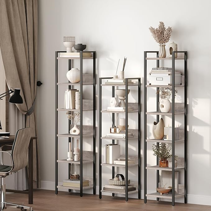Bookshelf, 6-Tier Bookcase, Standing Book Shelf for Small Space, Storage Shelf Organizer, for Living Room, Bedroom, Study, Balcony, Greige and Black BKHG6601