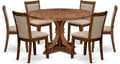 I7MZ7-50N-04 7-Pc Dining Set consists of a Pedestal Dining Table and 6 Light Tan Polyester Fabric Dining Chairs with Padded Back - Antique Walnut Finish