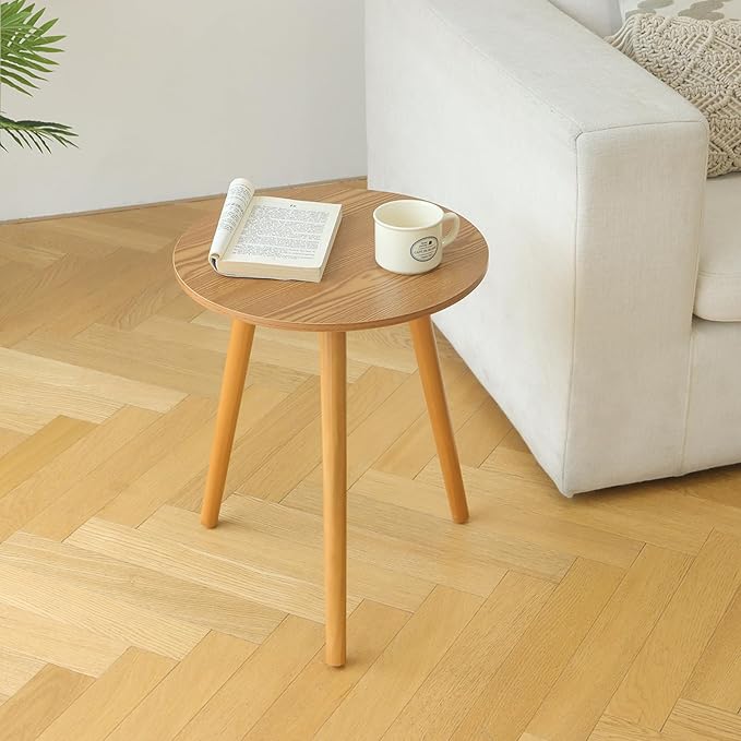 AWASEN Round Side Table, Small End Table for Living Room, Modern Accent Coffee Side Table with Solid Wood Legs for Small Space, Easy Assembly, Brown