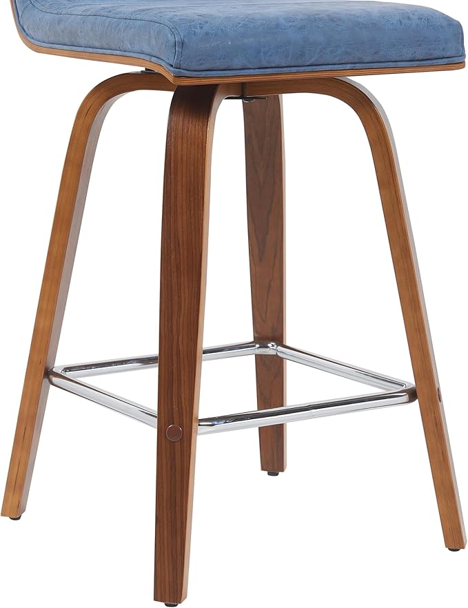 Armen Living Vienna Modern Swivel 26" Counter Height Barstool with Vintage Blue Faux Leather and Walnut Wood Finish