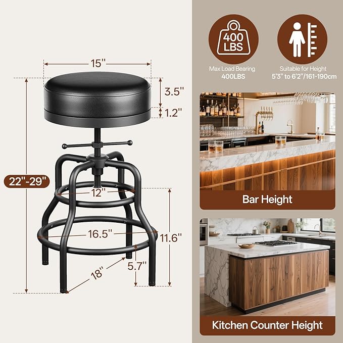 Adjustable Height Swivel Bar Stool, 22-29 Inch Industrial Vintage Bar Counter Height Stool with Thicken Premium Bonded Leather Seat & Updated Footrest, Easy Assembly, Black