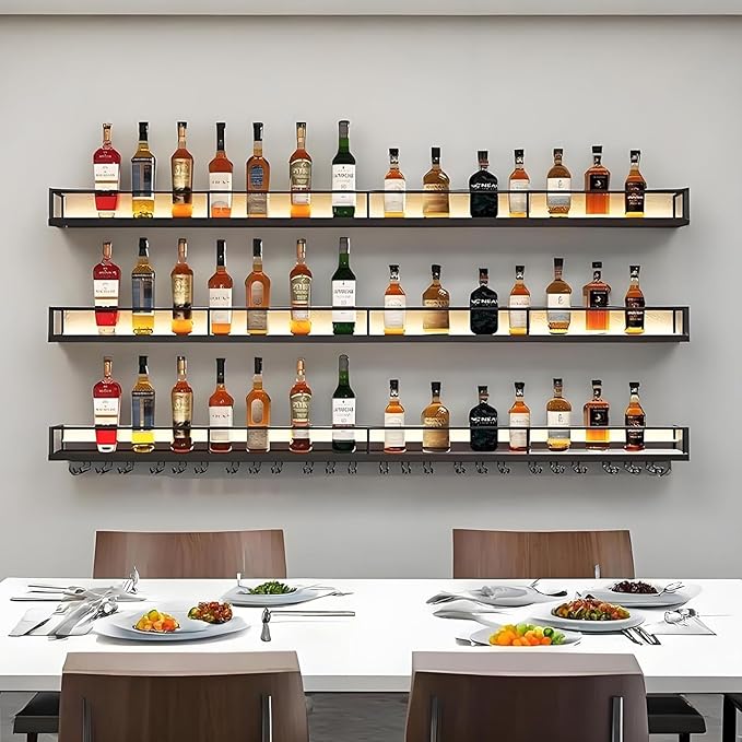 78.7in Wall-Mounted Metal Wine Rack with LED Lights 3-Tier Floating Bar Shelves with Wine Glass Rack Large Wine Bottle Display Rack Hanging Shelf, for Home Bar Decorative (Black, 200cm/78.7in)
